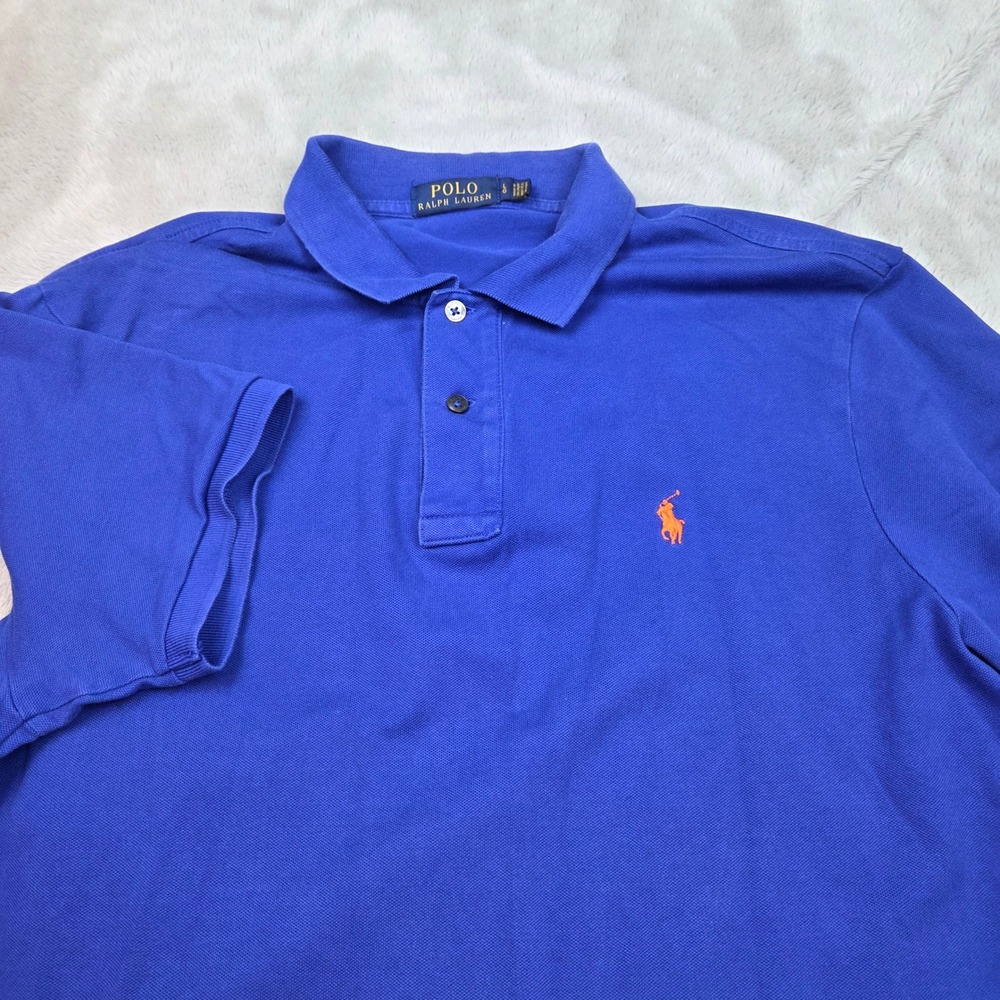 VTG Polo Ralph Lauren Polo Shirt Men Large Blue Orange Pony Short Sleeve Stretch